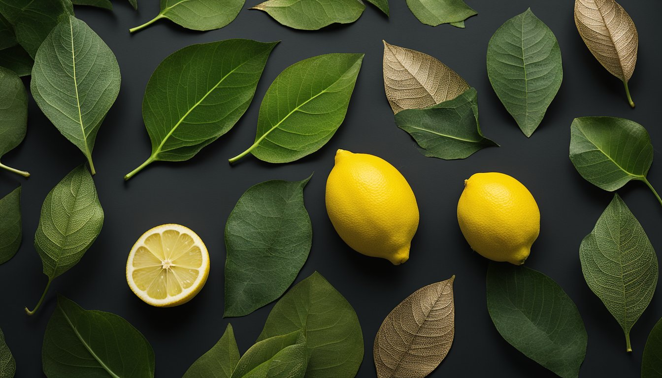 Fresh green, bronze-tinged, and skeletal lemon leaves arranged on a dark stone surface, depicting the natural gradient of the leaf lifecycle