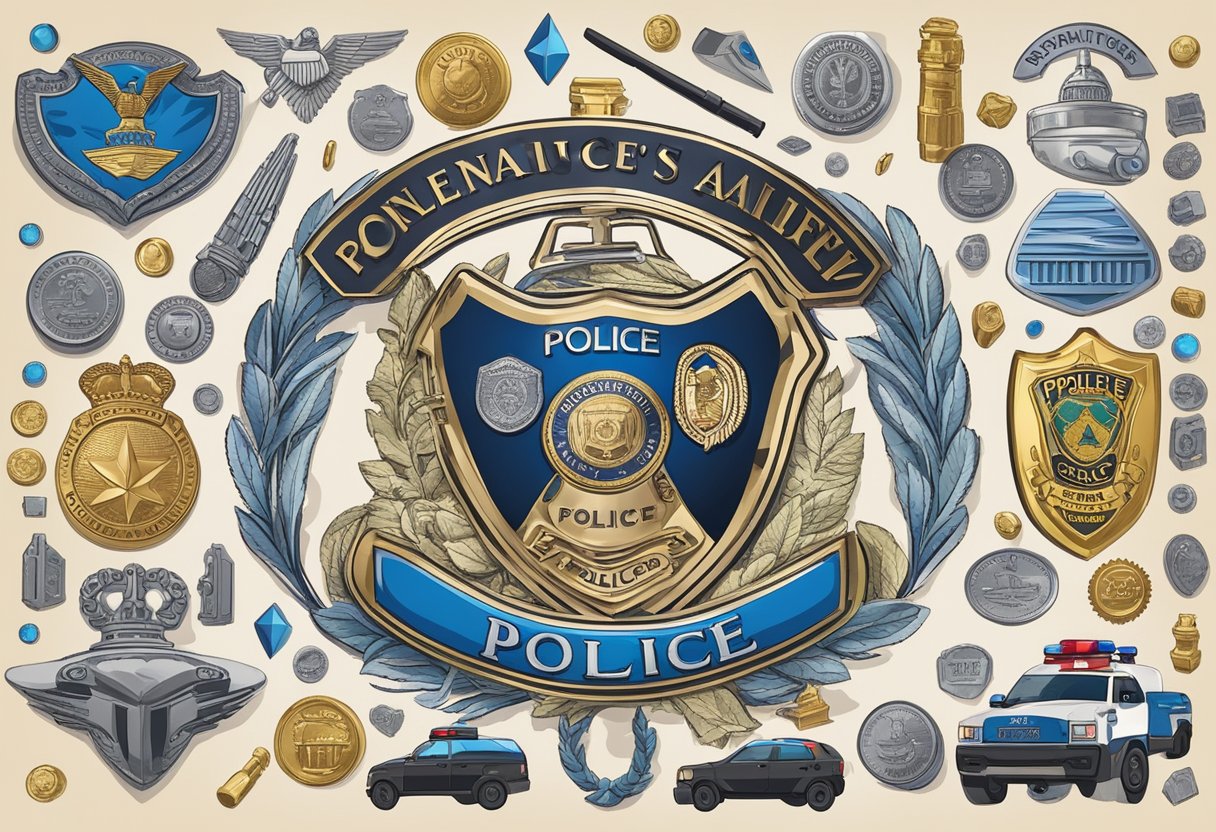 Et politimærke omgivet af forskellige symboler, der repræsenterer faktorer, der påvirker en politimands løn