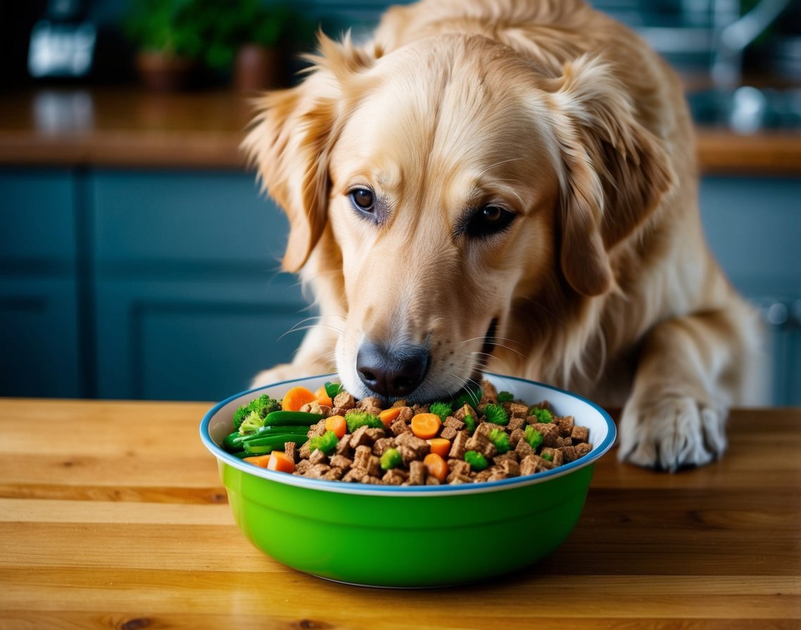 A golden retriever eagerly eating from a bowl of high-quality dog food, with vibrant green vegetables and lean protein visible in the mix