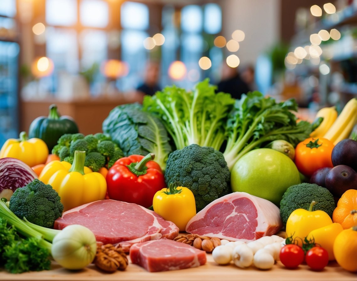 A variety of fresh, whole foods, such as lean meats, vegetables, and fruits, arranged in a balanced and colorful display