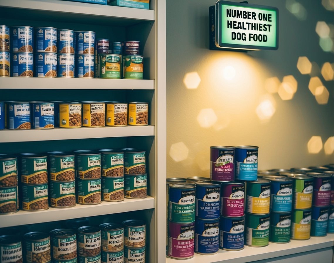 A variety of dog food cans and bags displayed on shelves, with a spotlight on a particular brand labeled as the "number one healthiest dog food."