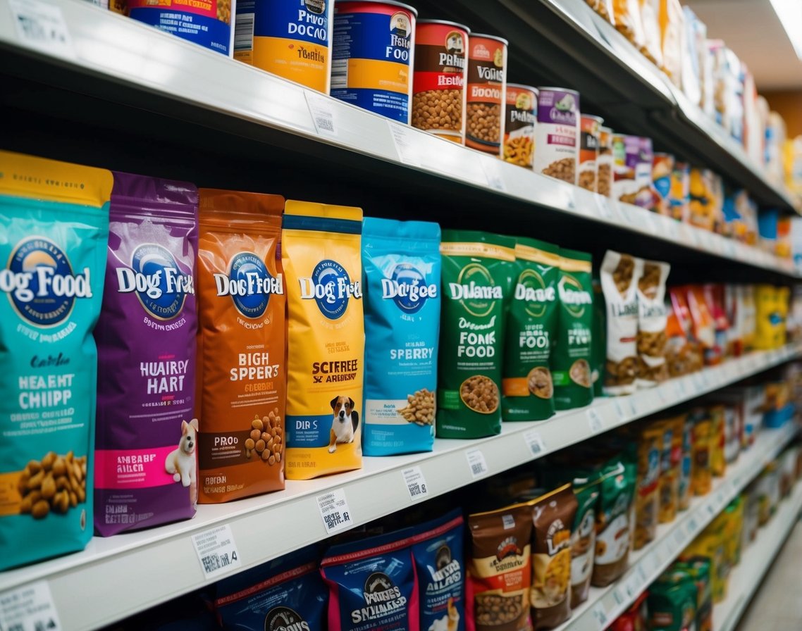 A variety of dog food brands line the shelves, each boasting claims of being the healthiest option