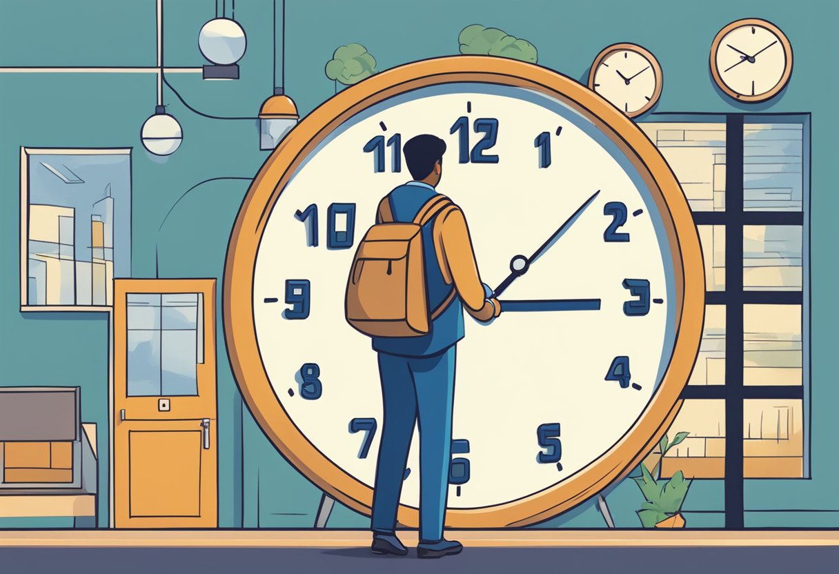 Et ur, der viser kl. 17:00, med en person, der forlader arbejdet og tager hjem