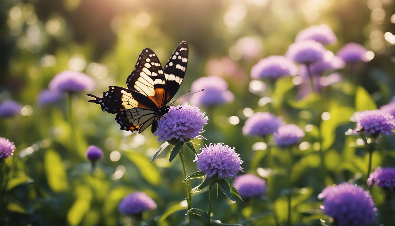 Butterfly-filled garden with vibrant flowers and morning dew