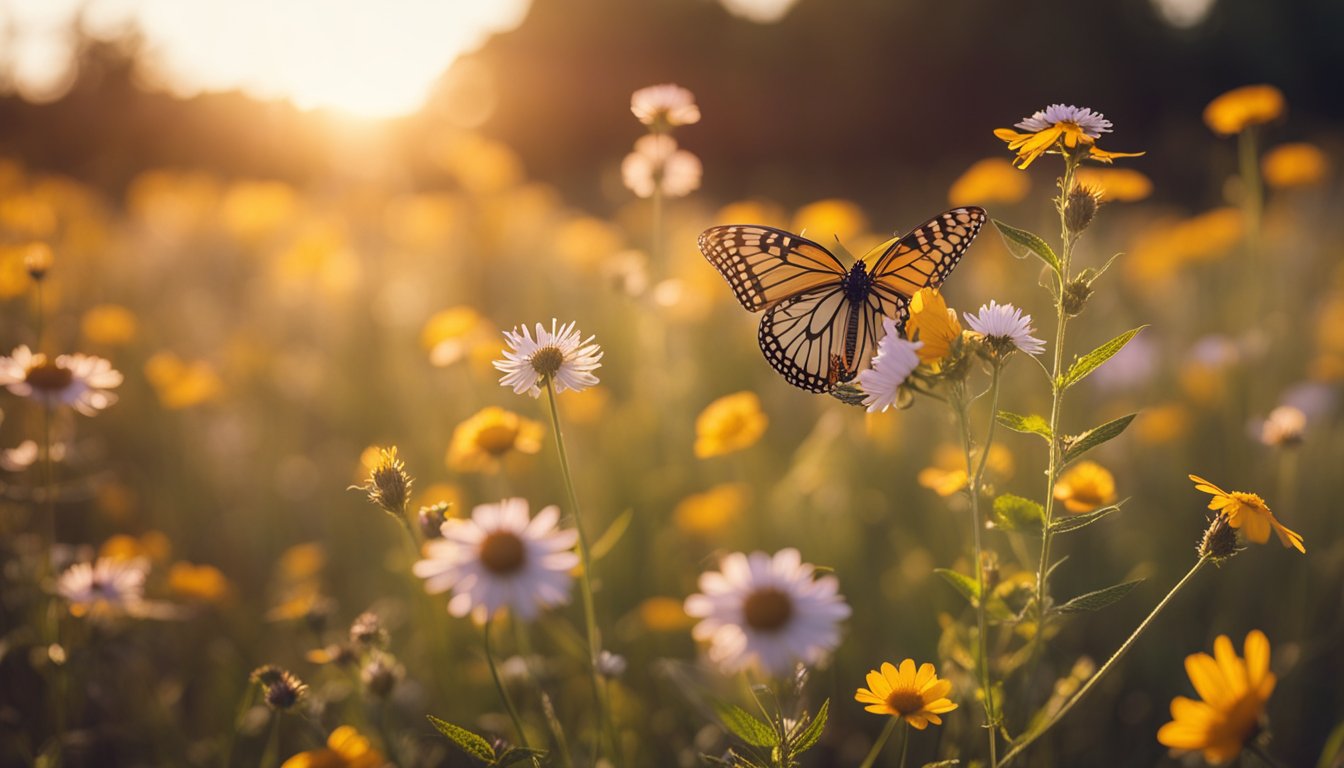 Butterflies dance among wildflowers in the golden sunset