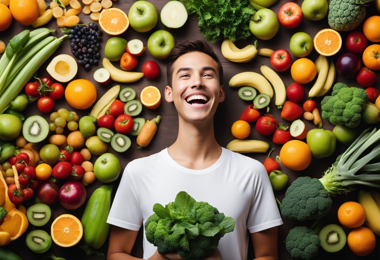 A bright, healthy smile surrounded by vibrant fruits and vegetables, with a toothbrush and floss nearby