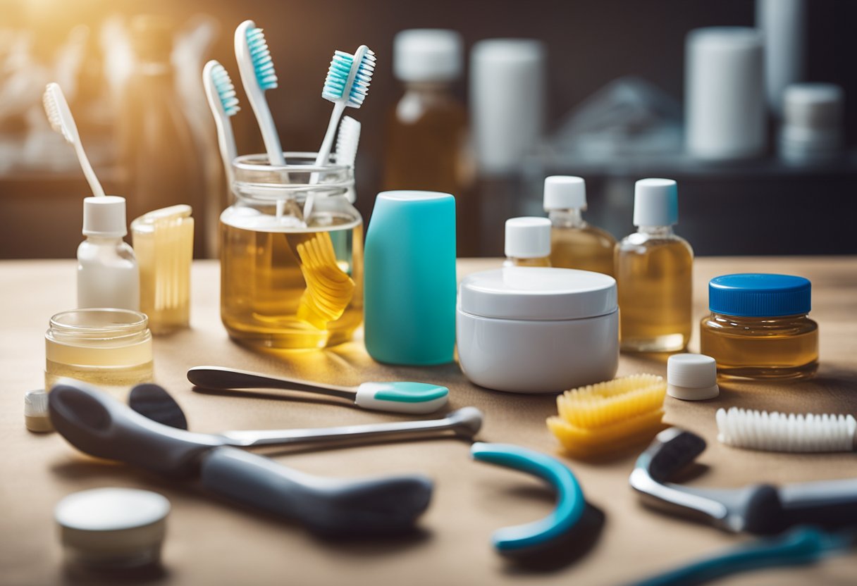 A vibrant and healthy smile surrounded by various tools and products for dental care, such as toothbrushes, floss, and mouthwash, symbolizing the importance of dental health for overall wellbeing