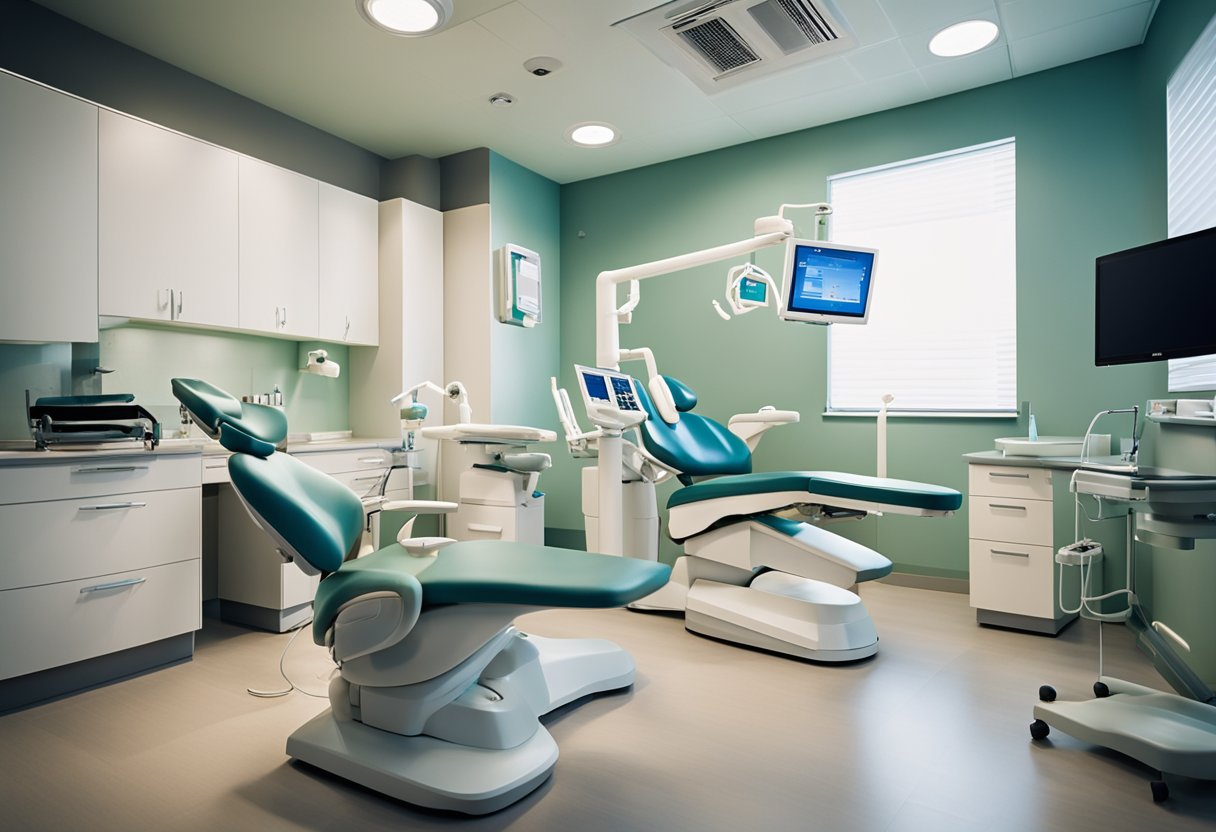 A modern dental office with state-of-the-art equipment and a comfortable waiting area. A dentist and dental hygienist are working with a patient in one of the treatment rooms