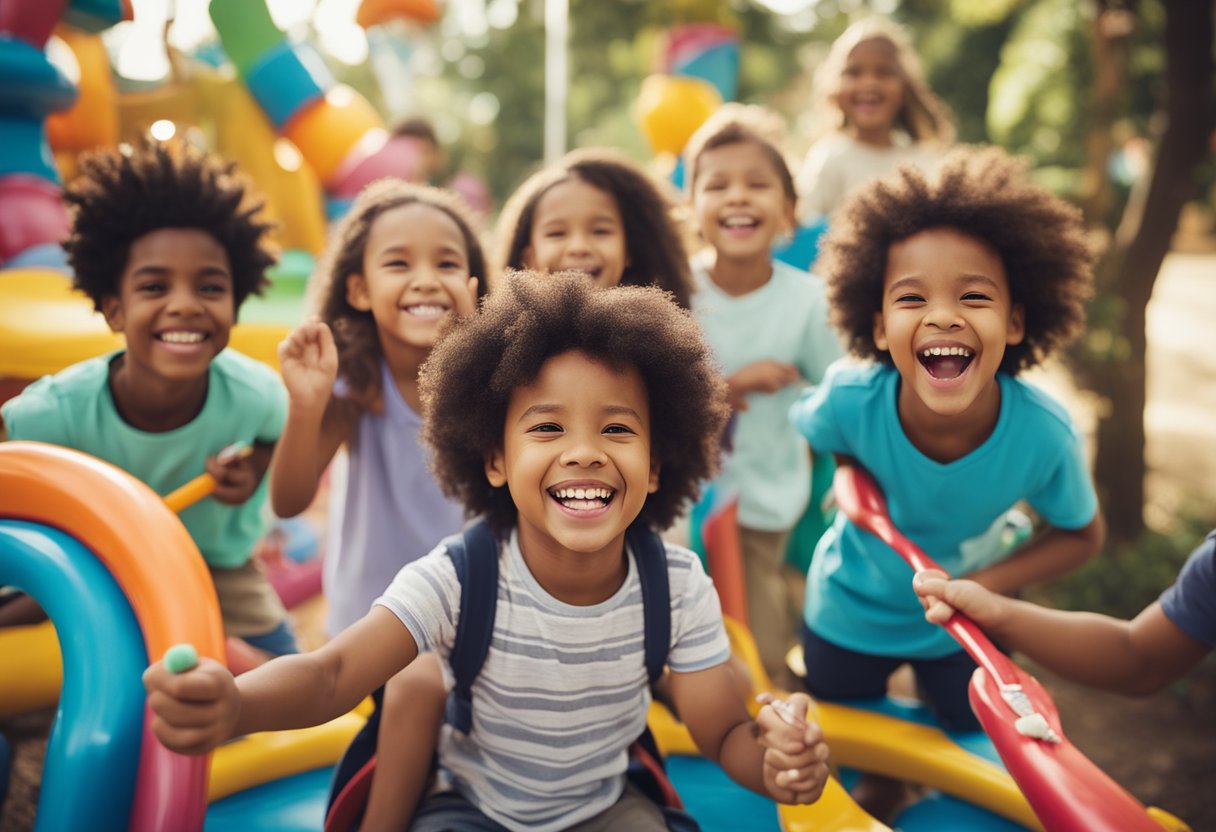 A group of happy, smiling children playing in a colorful, dentist-themed playground with oversized toothbrushes, floss, and toothpaste