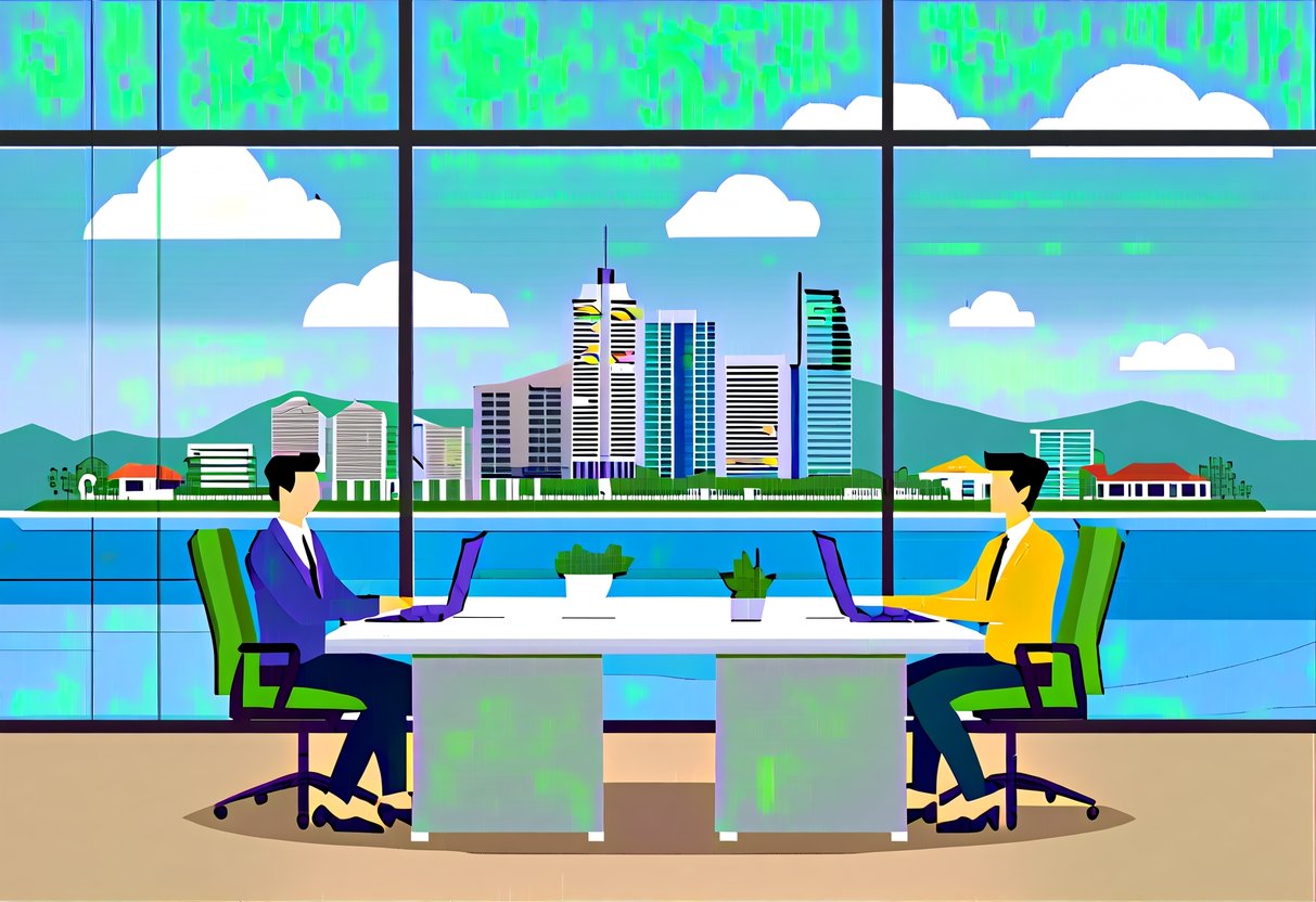 A modern office with a view of Cebu's skyline, where real estate agents use CRM software to manage property leads in the Philippines