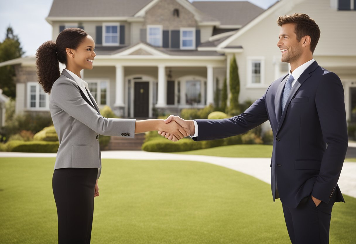 A real estate agent shaking hands with a client in front of a 