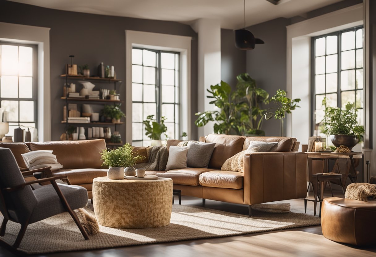 A cozy living room with sunlight streaming in through the windows, showcasing comfortable furniture and a welcoming atmosphere