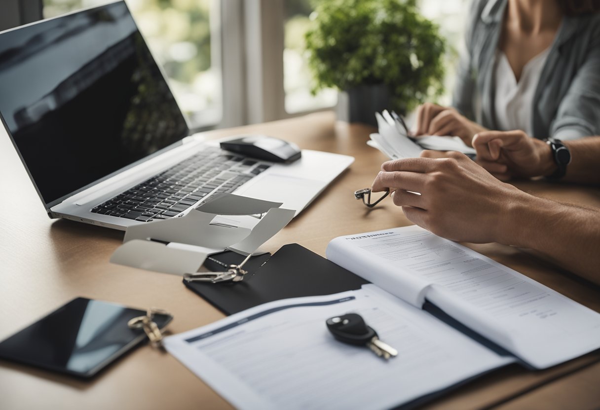 A table with a laptop, pen, and paper. A real estate sign and house keys on the table. A smiling couple looking at a brochure