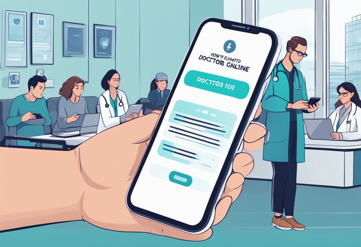 En person, der holder en telefon og søger efter "hvordan man skifter læge" online, med en lægepraksis i baggrunden