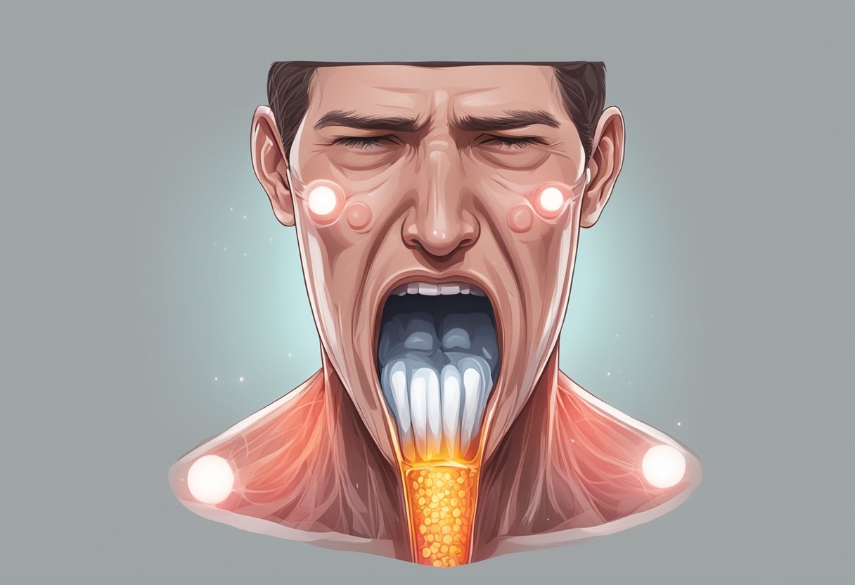 En rød, inflammeret hals med synlige hvide pletter og hævede mandler, ledsaget af et feberagtigt og træt udseende