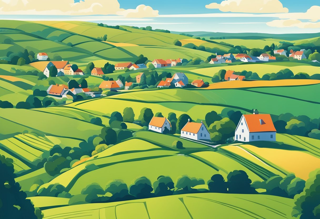 Et dansk landskab med en hyggelig landsby, der ligger mellem bølgende bakker og frodige grønne marker, med en klar blå himmel ovenfor