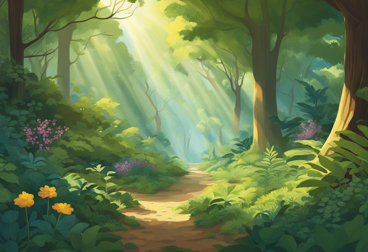 En frodig skov med mangfoldigt plante- og dyreliv, herunder træer, buske, insekter, fugle og små pattedyr. Sollyset filtreres gennem baldakinen og kaster plettede skygger på skovbunden.