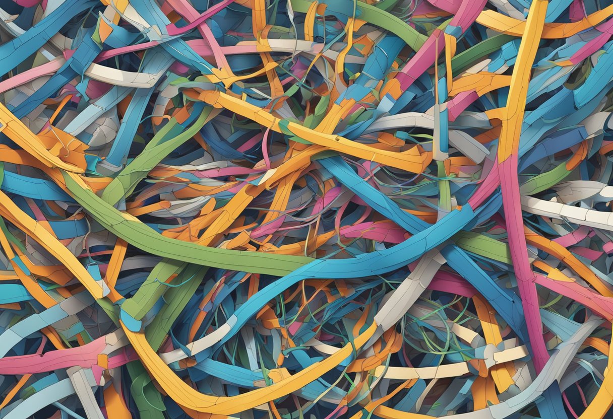 Et kaotisk rod af sammenfiltrede ledninger og usammenhængende puslespilsbrikker, med fragmenterede tanker og forvrængede opfattelser, der svømmer rundt om et centralt fokuspunkt