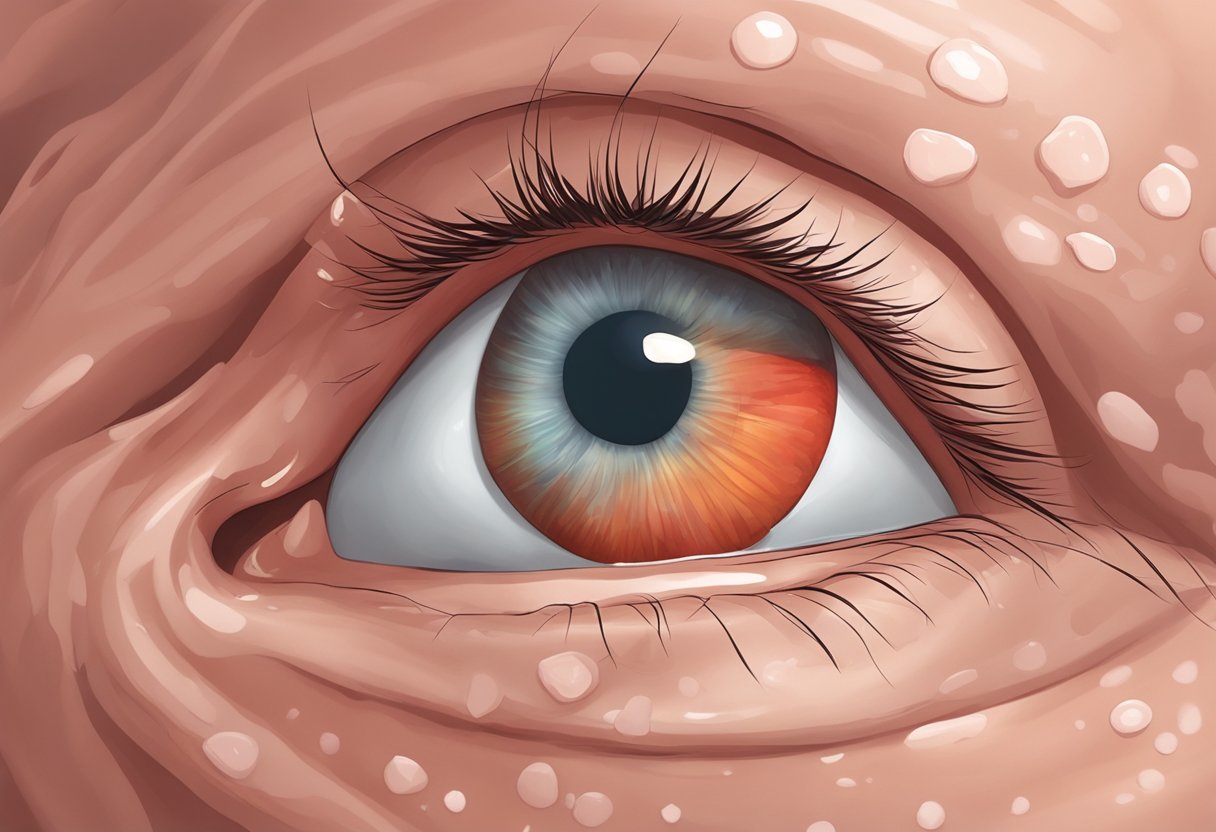 Et nærbillede af en rød, irriteret glans med pletter af hvid, flassende hud, der indikerer en svampeinfektion