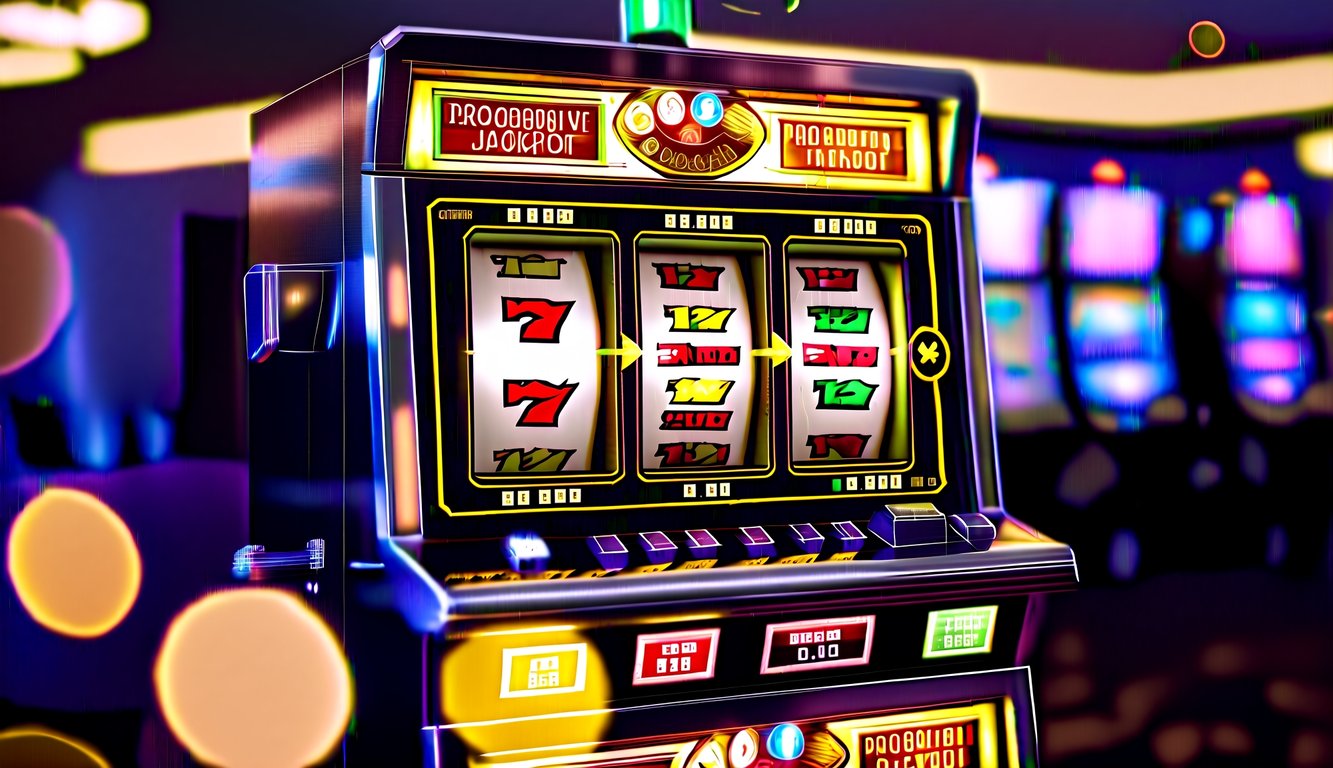 Mesin slot platform dengan lampu berkedip dan tampilan jackpot progresif besar