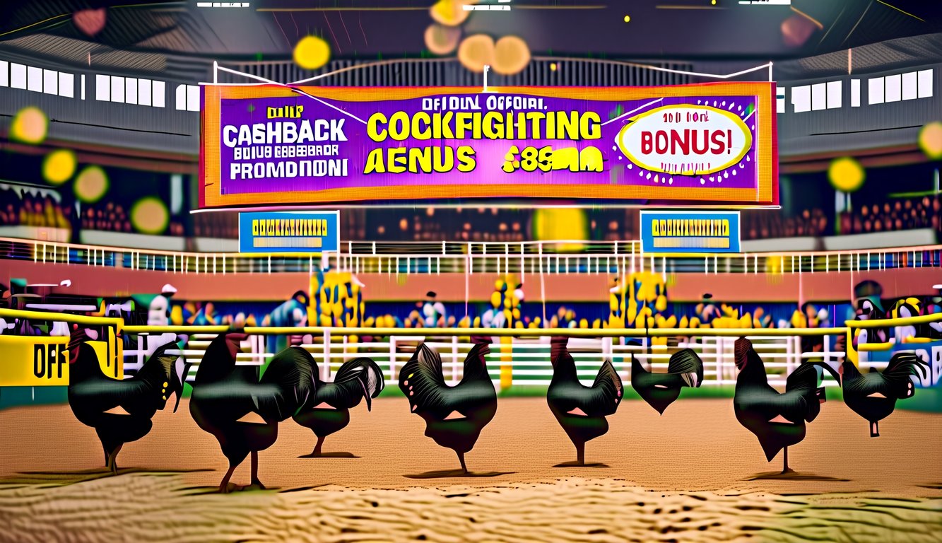 Sebuah arena sabung ayam resmi yang ramai dengan spanduk yang meriah dan promosi bonus cashback harian