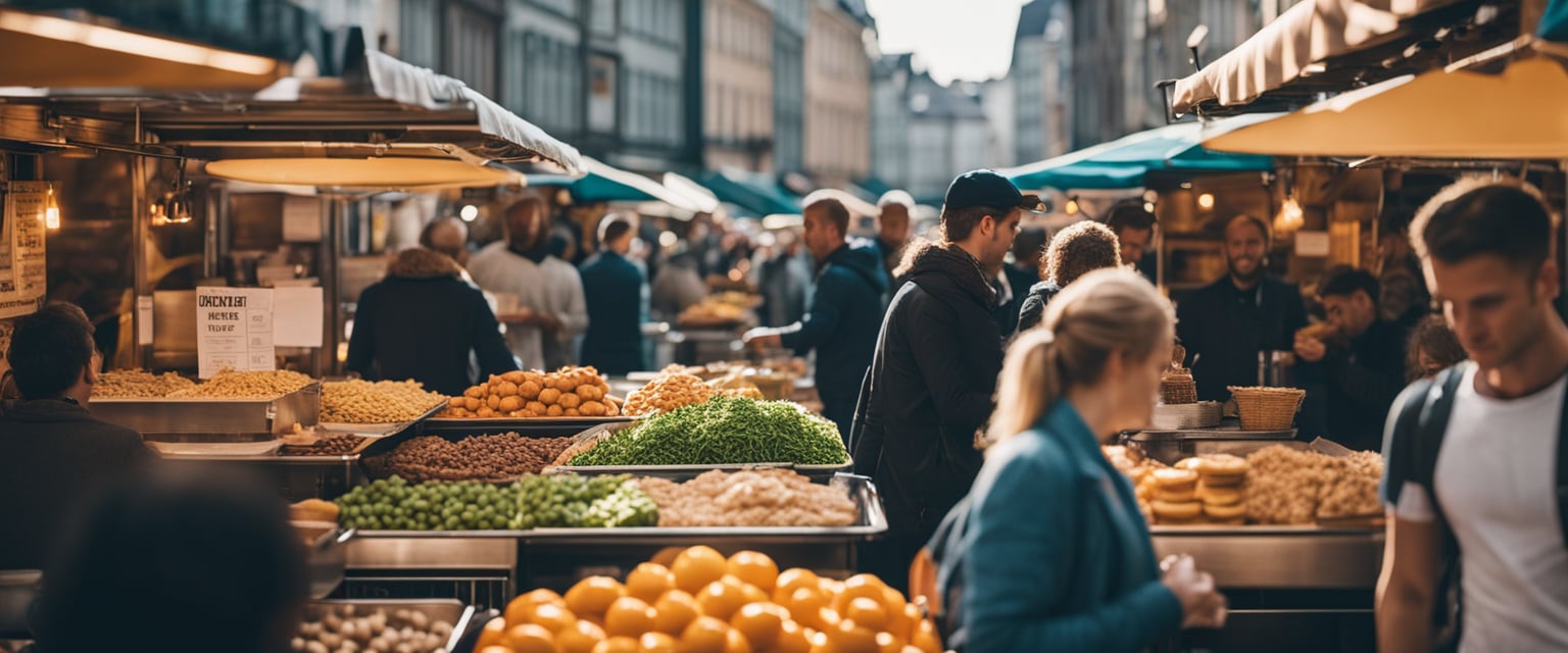 Ein belebter Street-Food-Markt in Düsseldorf, mit bunten Essensständen, lebhaften Menschenmengen und einer Mischung aus Aromen, die die Luft erfüllen.