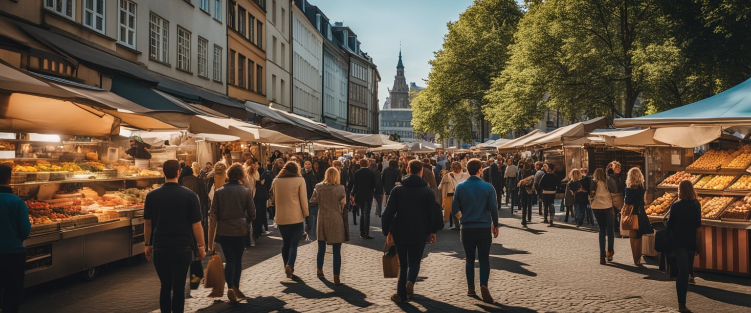Ein geschäftiger Street-Food-Markt in Düsseldorf, mit bunten Essensständen, lebhaften Menschenmengen und einer Mischung aus köstlichen Aromen, die die Luft erfüllen.