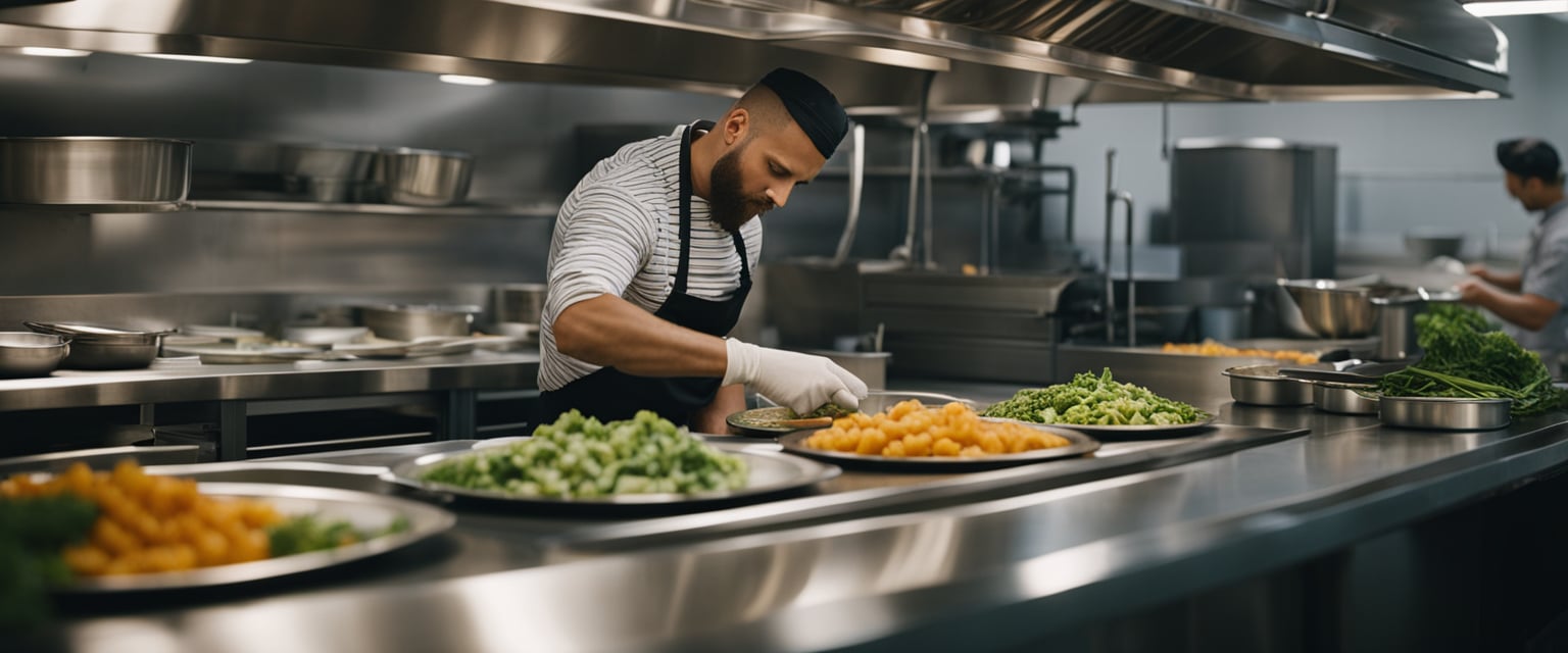 Ein Koch bereitet eine Vielzahl frischer Zutaten in einer Küchenzeile eines Food Trucks zu, umgeben von Töpfen, Pfannen und Utensilien. Ein Menüboard zeigt die fertigen Gerichte an.