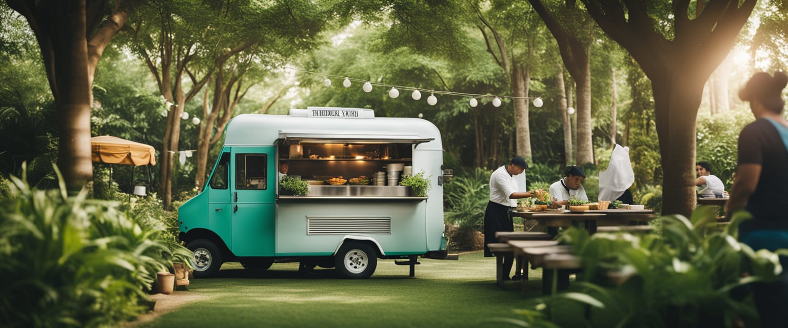 Ein Food Truck, umgeben von üppigem Grün, mit Köchen, die im Inneren Gourmetgerichte zubereiten.