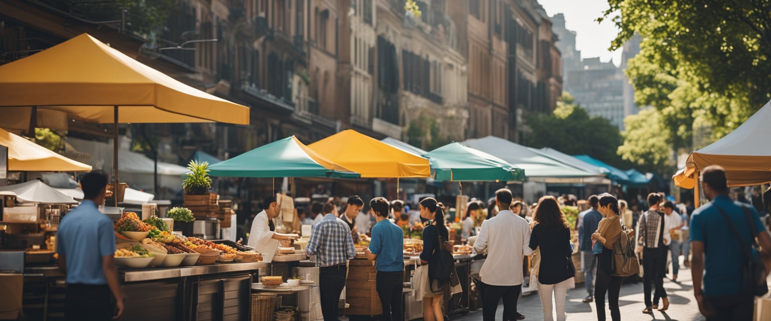 Eine belebte Straße, gesäumt von bunten Food-Trucks, die eine Vielzahl internationaler Küche anbieten, während die Kunden eifrig Gerichte an Außentischen probieren.