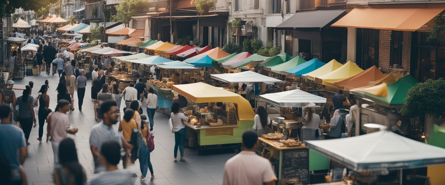 Eine belebte Straße gesäumt von bunten Food Trucks, die eine Vielzahl von Gourmet-Gerichten anbieten, von schnellen Snacks bis hin zu delikaten Gourmet-Spezialitäten.
