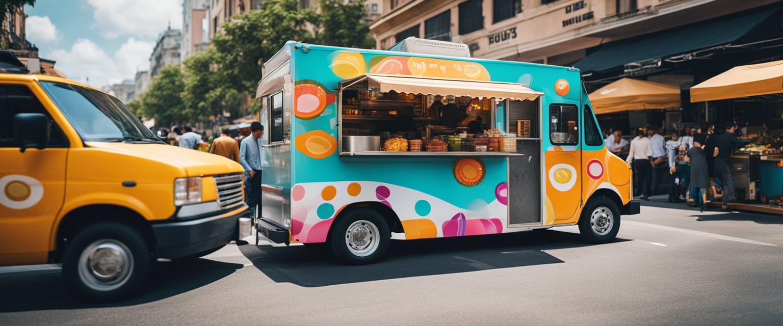 Ein bunter Food Truck mit einem lebhaften und auffälligen Design, umgeben von einem geschäftigen Straßenmarkt.