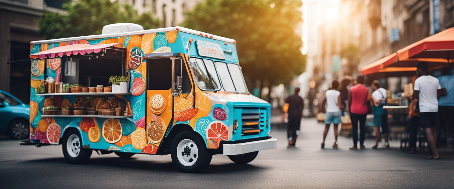 Ein Foodtruck mit einem lebendigen und auffälligen Design, das kräftige Farben, verspielte Grafiken und appetitliche Essensbilder an der Außenseite zeigt.