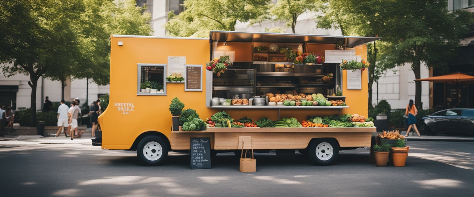 Ein geschäftiger Foodtruck mit einer Vielzahl von bunten pflanzlichen Gerichten, darunter lebhafte Salate, herzhafte Gemüseburger und frische Obst-Smoothies.