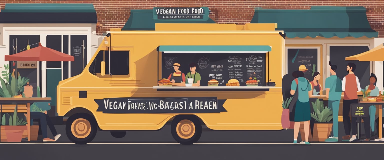 Ein geschäftiger Foodtruck mit bunten Bannern und einem vielfältigen Menü mit veganen und vegetarischen Optionen. Kunden stehen glücklich Schlange, um ihre pflanzlichen Mahlzeiten zu bestellen.