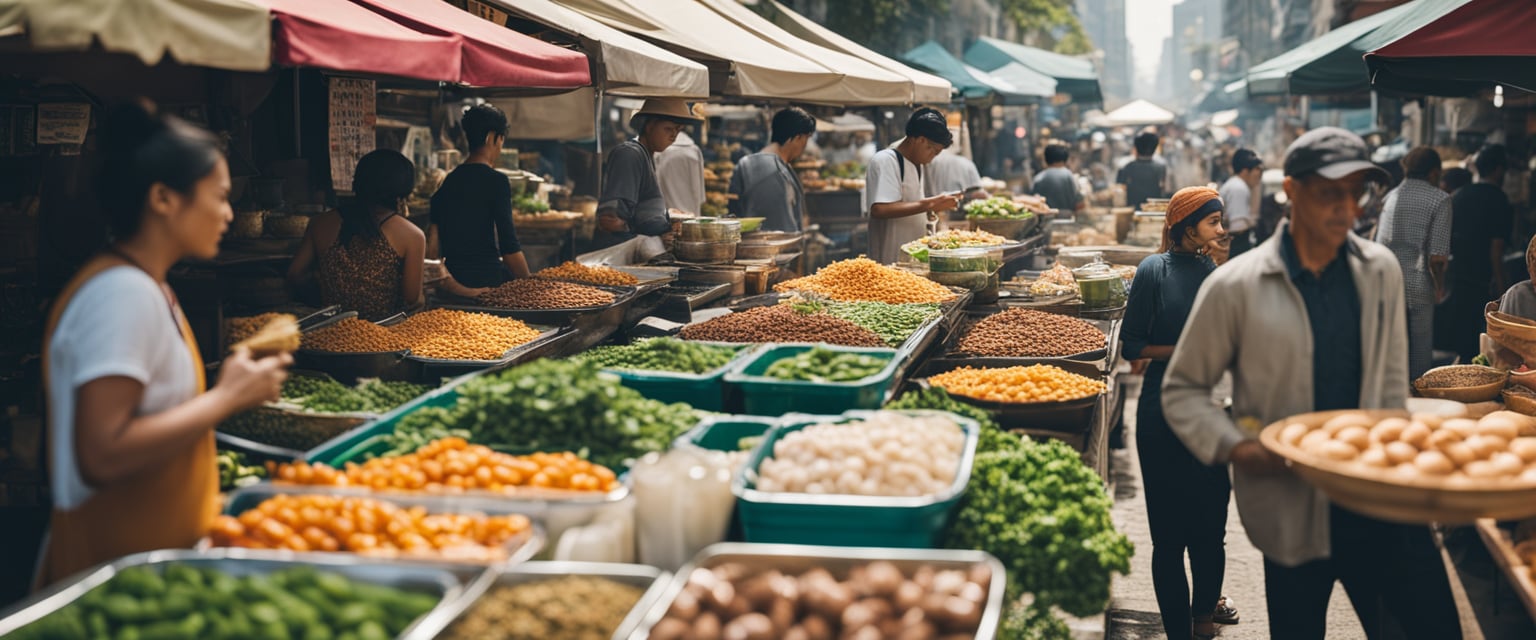 Ein lebhafter Außenmarkt für Lebensmittel mit Verkäufern, die pflanzliche Proteinalternativen, nachhaltige Meeresfrüchte und exotische Fusionsgerichte anbieten.
