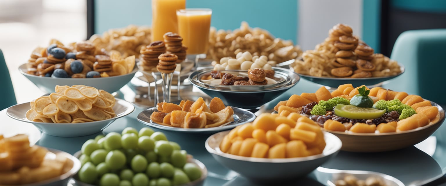 Eine farbenfrohe Auswahl an exotischen Snacks und Gerichten aus aller Welt, die auf einem futuristischen Esstisch präsentiert werden.