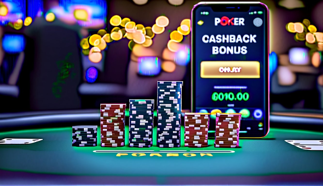 Sebuah meja poker online yang hidup dengan tumpukan chip dan kartu, dikelilingi oleh antarmuka digital yang menampilkan bonus cashback