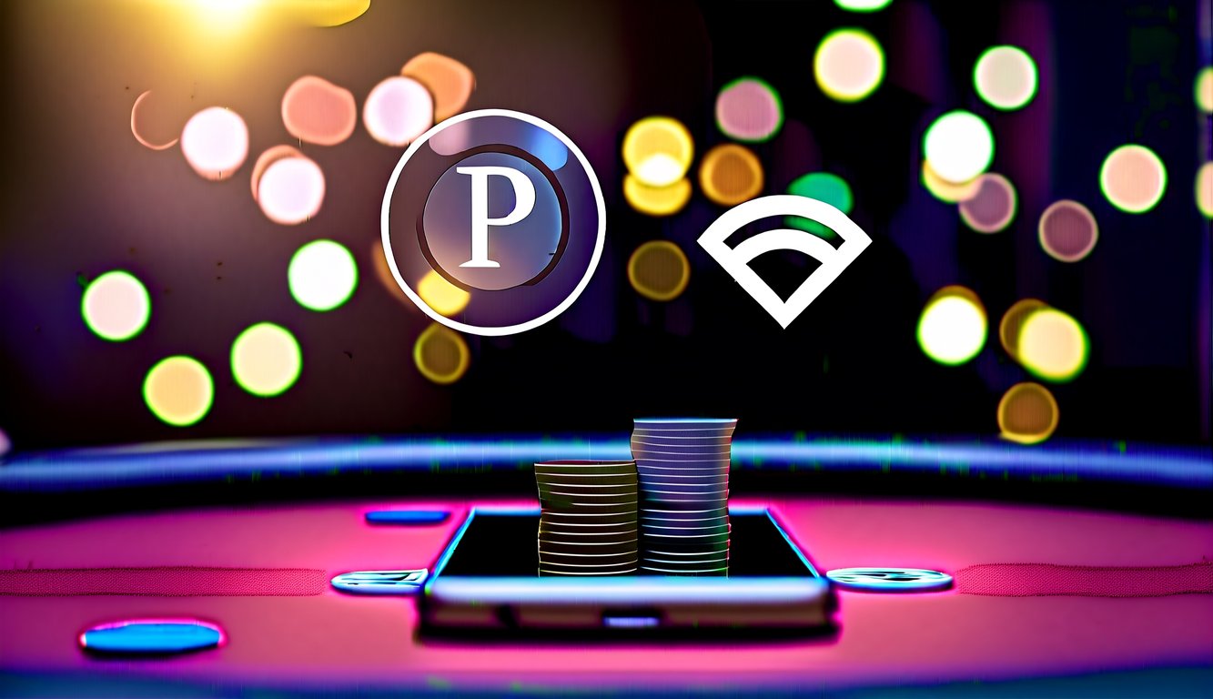 Sebuah meja poker dengan smartphone dan tumpukan koin, dikelilingi oleh simbol pembayaran digital