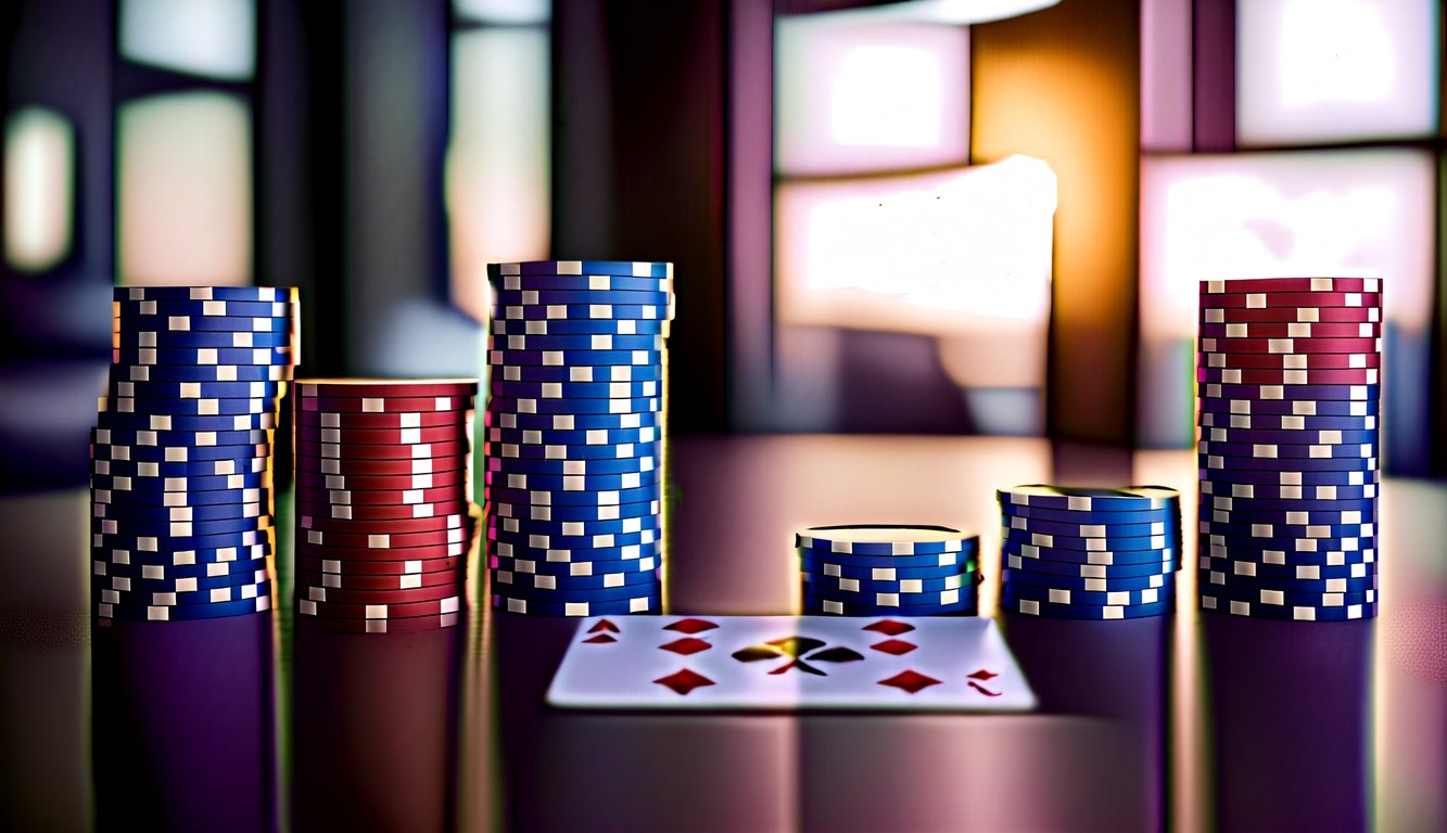 Sekelompok chip poker dan kartu remi yang disusun di atas meja, dengan suasana yang percaya diri dan dapat dipercaya