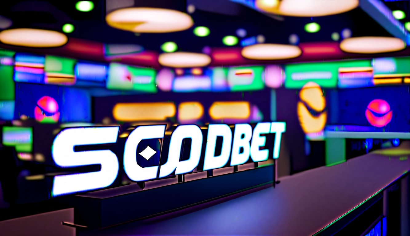 Sebuah sportsbook yang ramai dengan warna-warna cerah dan desain modern, menampilkan logo Bandar SBObet yang ditampilkan dengan jelas