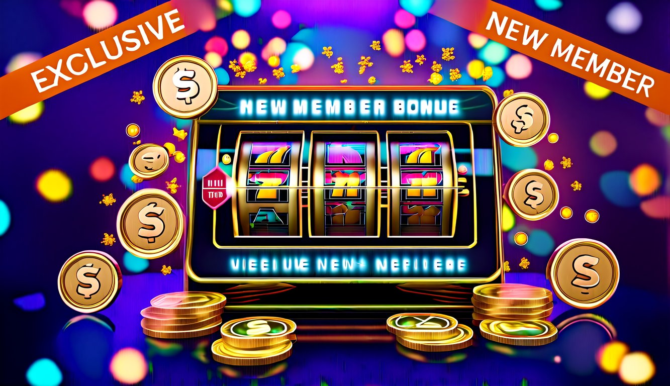 Mesin slot online yang cerah dikelilingi oleh simbol bonus anggota baru eksklusif