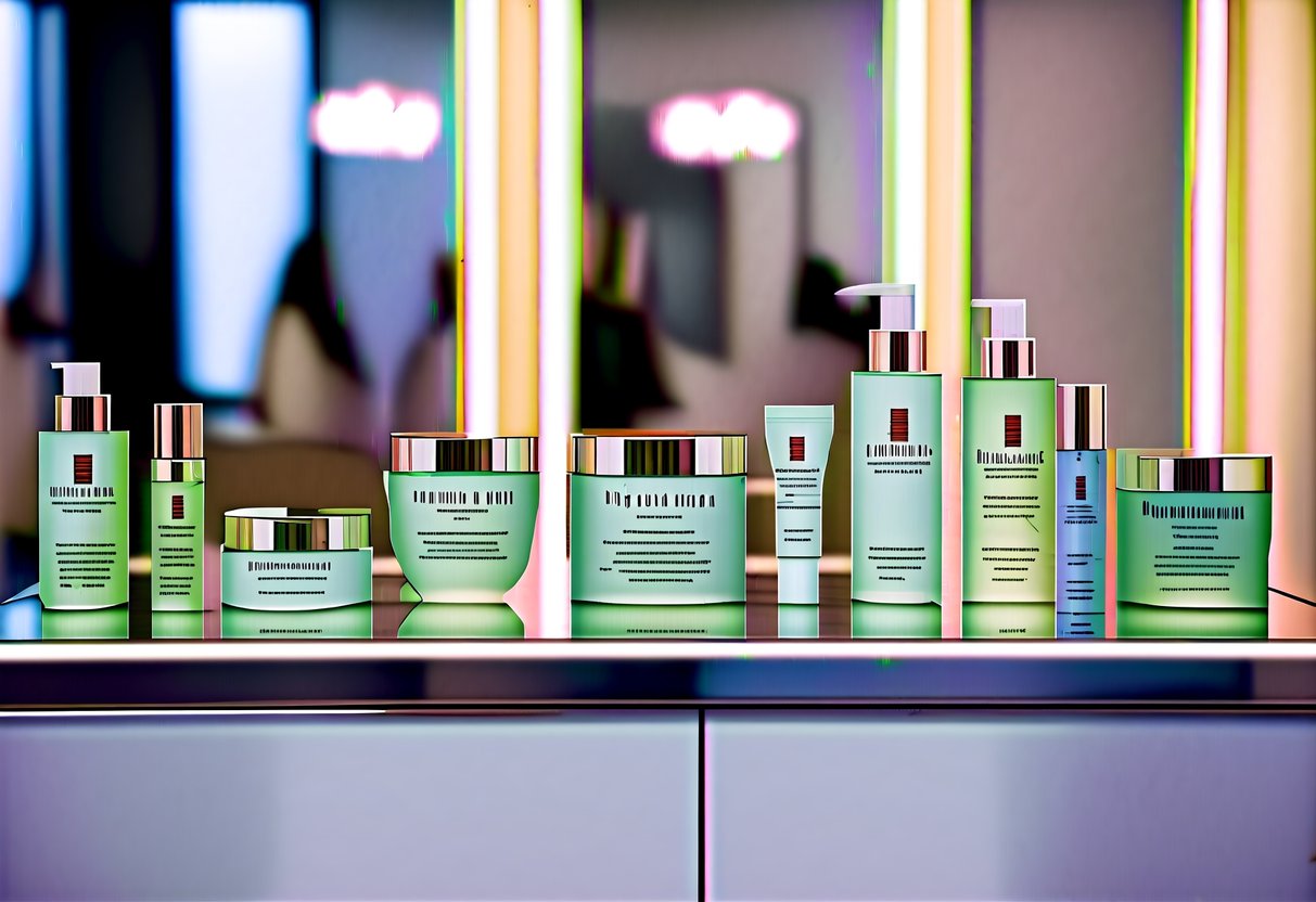 A display of Elizabeth Arden products arranged on a sleek, modern counter with soft, flattering lighting