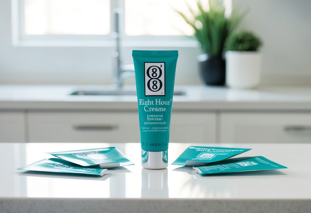 A tube of Eight Hour® Cream surrounded by promotional materials and displayed on a clean, white countertop