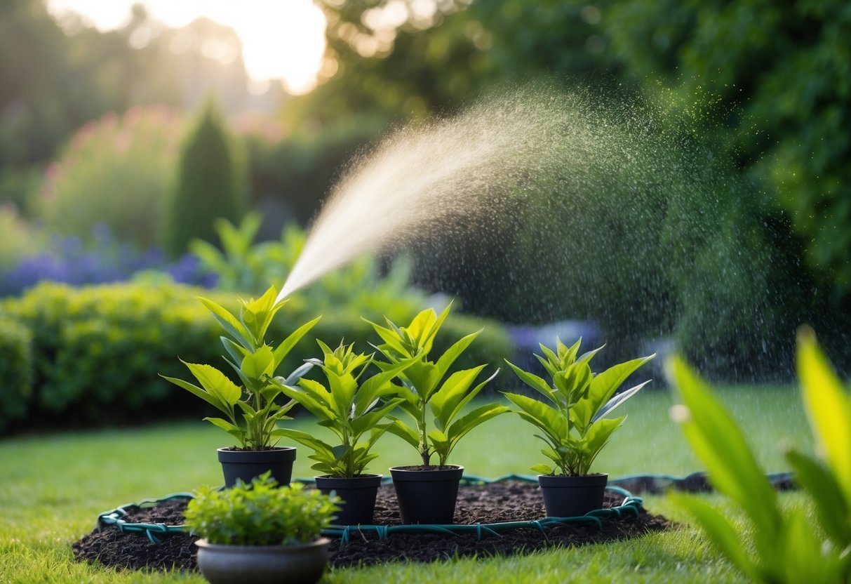 A tranquil garden with blooming tea plants and a mist of green tea scent spray in the air