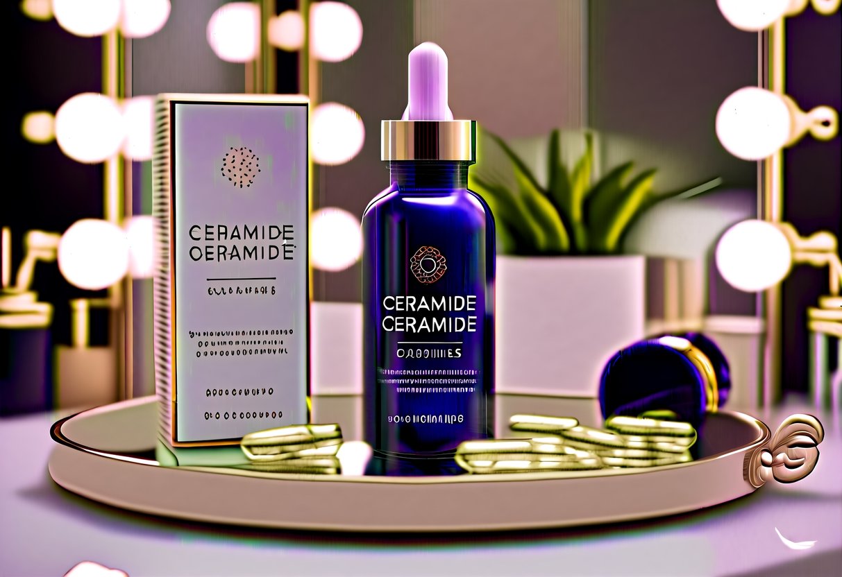 A luxurious bottle of Ceramide Capsules sits on a vanity, surrounded by soft lighting and elegant packaging