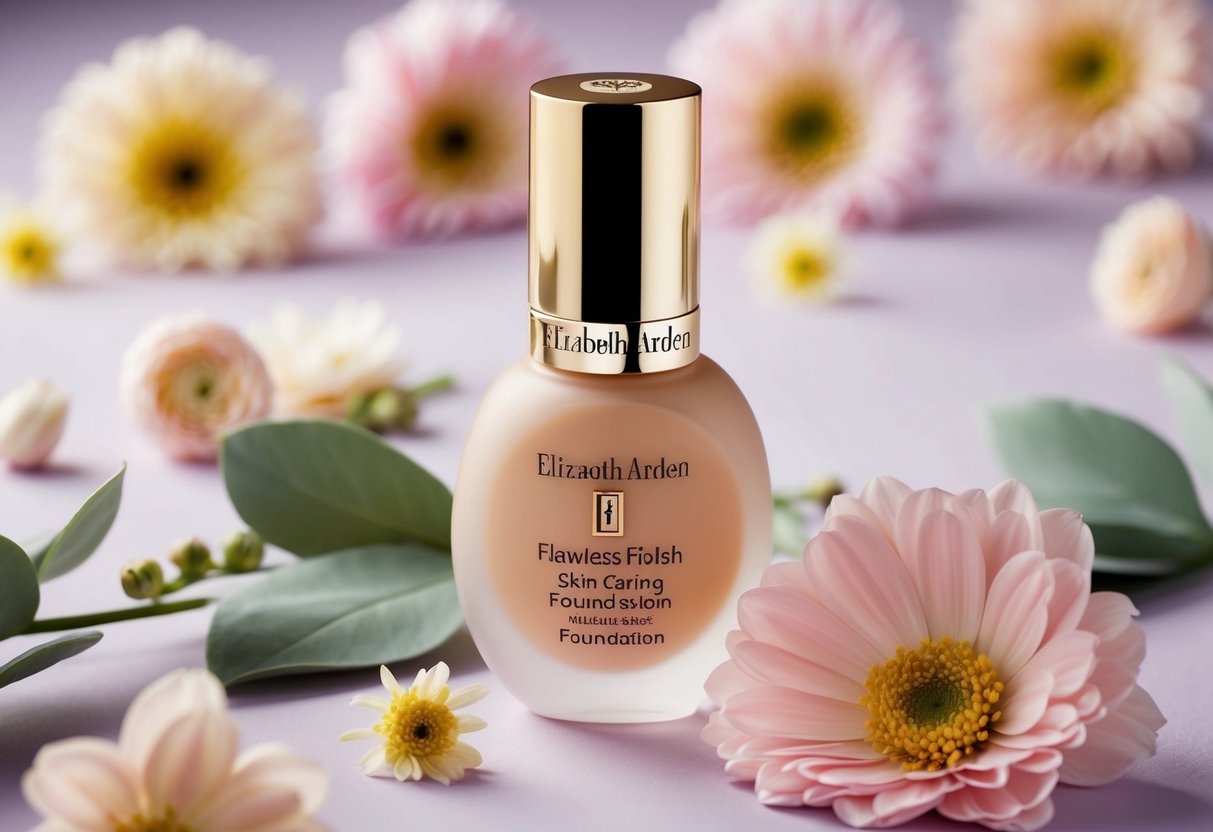 A radiant, glowing bottle of Flawless Finish Skin Caring Foundation by Elizabeth Arden, surrounded by soft, pastel-colored flowers and leaves
