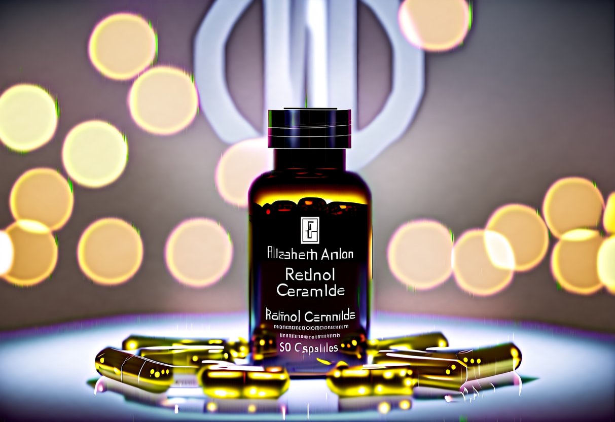 A luxurious glass bottle of Retinol Ceramide Capsules surrounded by soft, glowing light, with the Elizabeth Arden logo subtly in the background