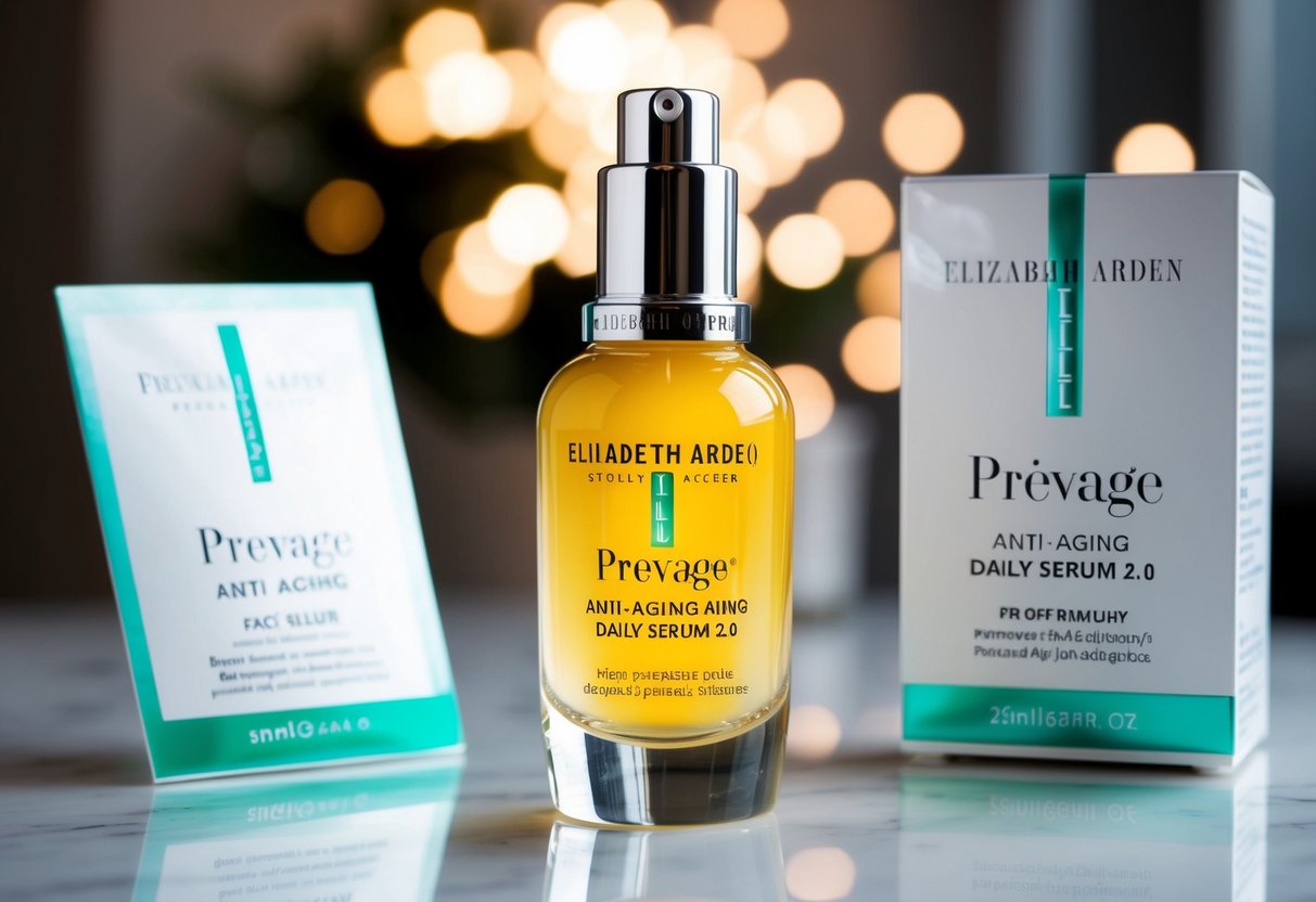 A luxurious glass bottle of Prevage Anti-Aging Daily Serum 2.0 by Elizabeth Arden displayed with promotional materials
