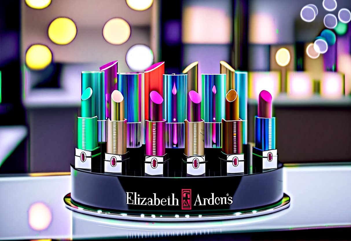 A vibrant display of Elizabeth Arden's moisturizing lipsticks on a sleek, modern counter. Bright colors and elegant packaging catch the eye